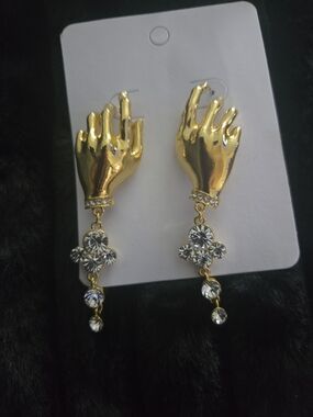 Schiaparelli Inspired Gold Hand-Shaped Drop Earrings with Clear Crystal Dangles
